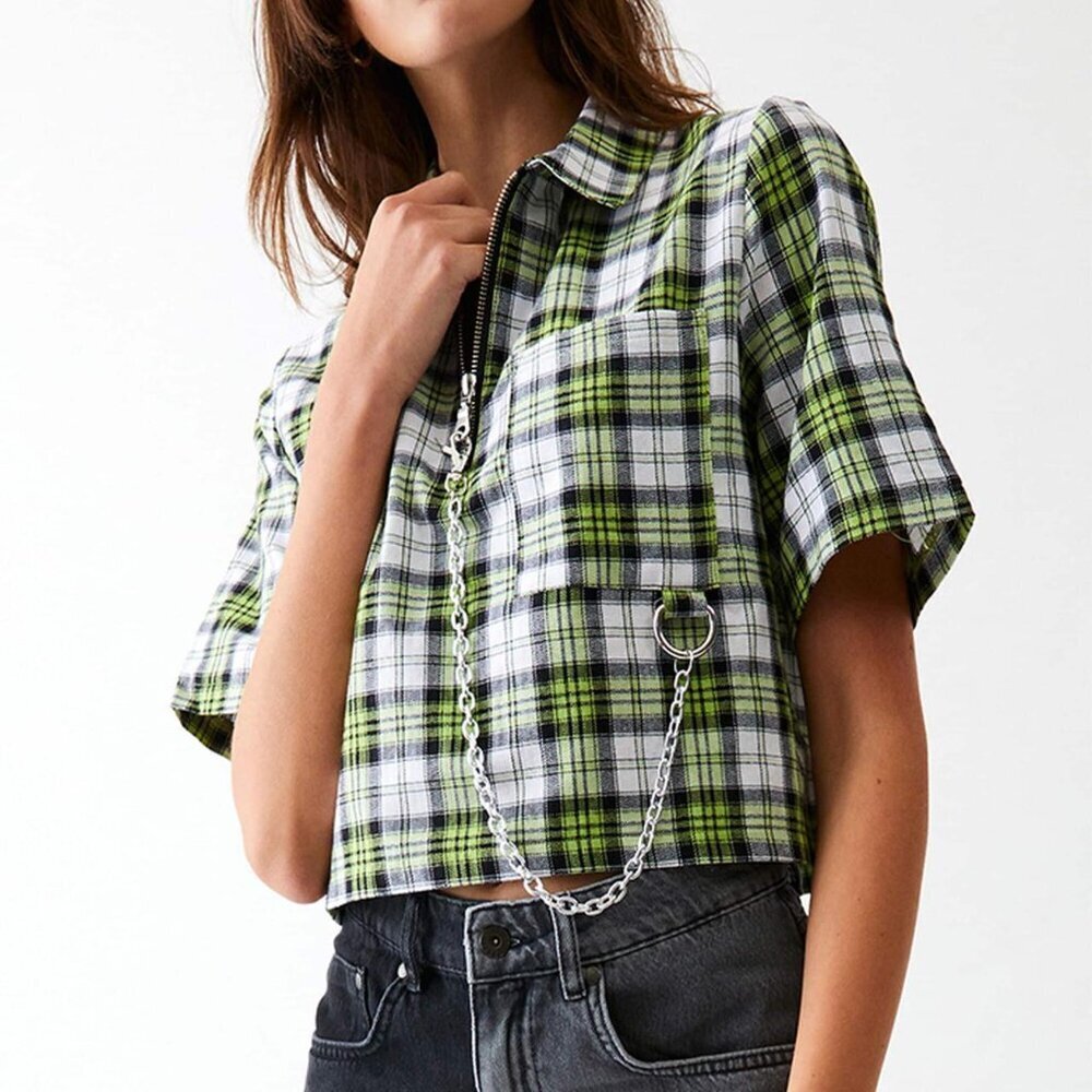 Urban Outfitters The Ragged Priest Cooler Green Black Plaid Chain Shirt S